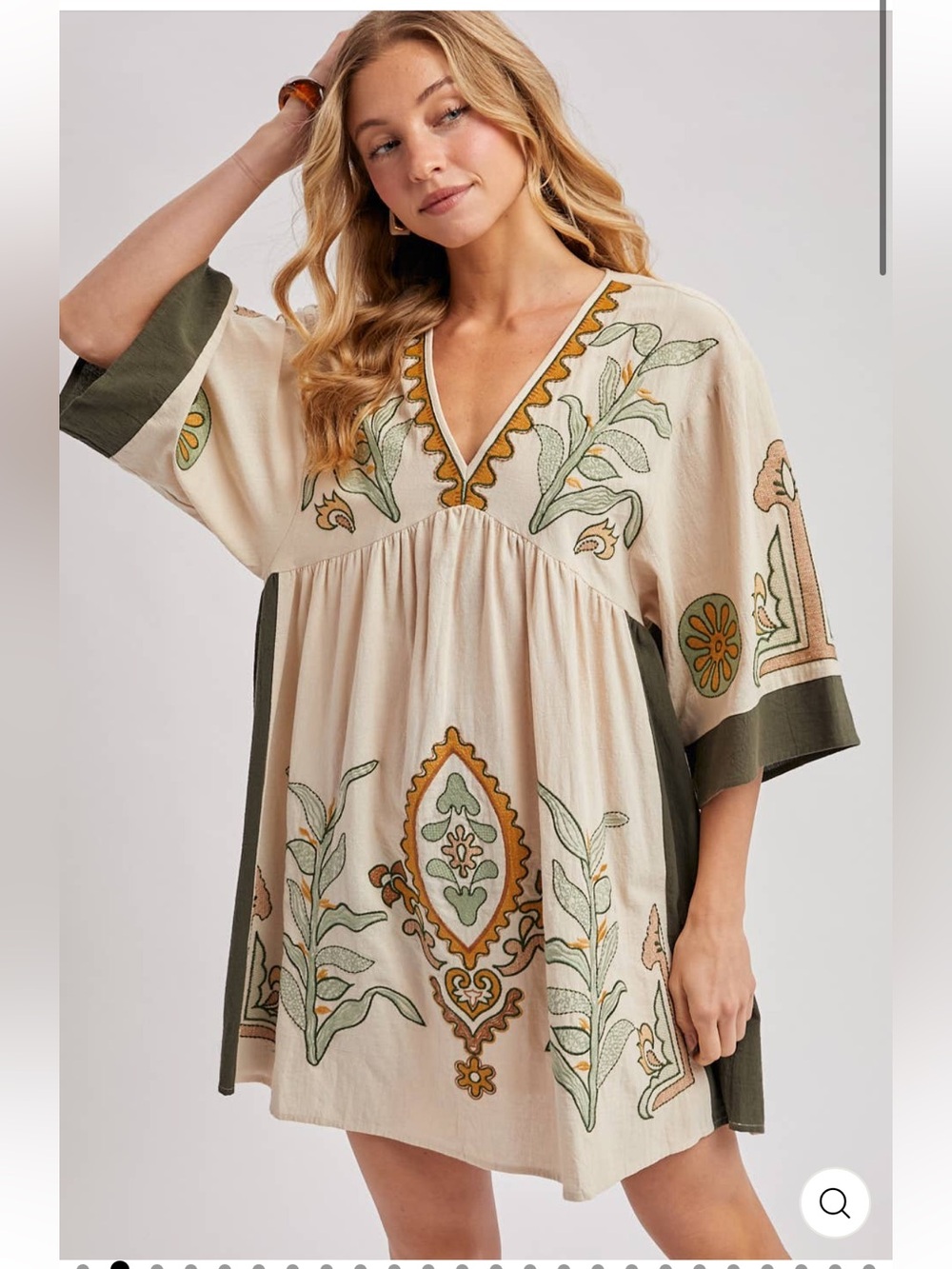 Bluevelvet womans Embroidered V-Neck Boho Mini Dress in Cream and Olive size S